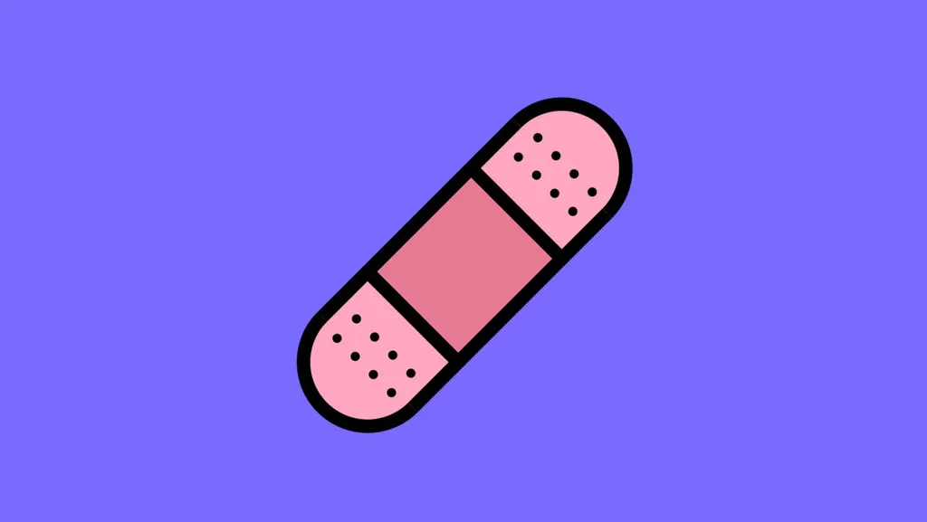 Illustration of a pink band-aid on a purple background.