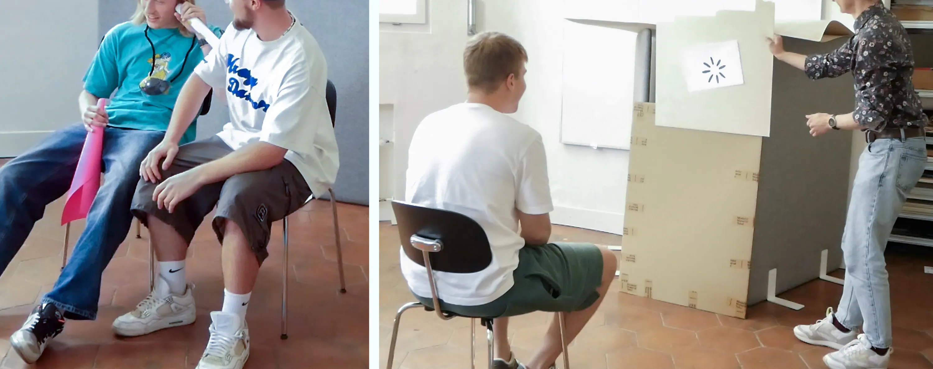 Students role-playing a fitness tracker (left) and a digital companion (right).