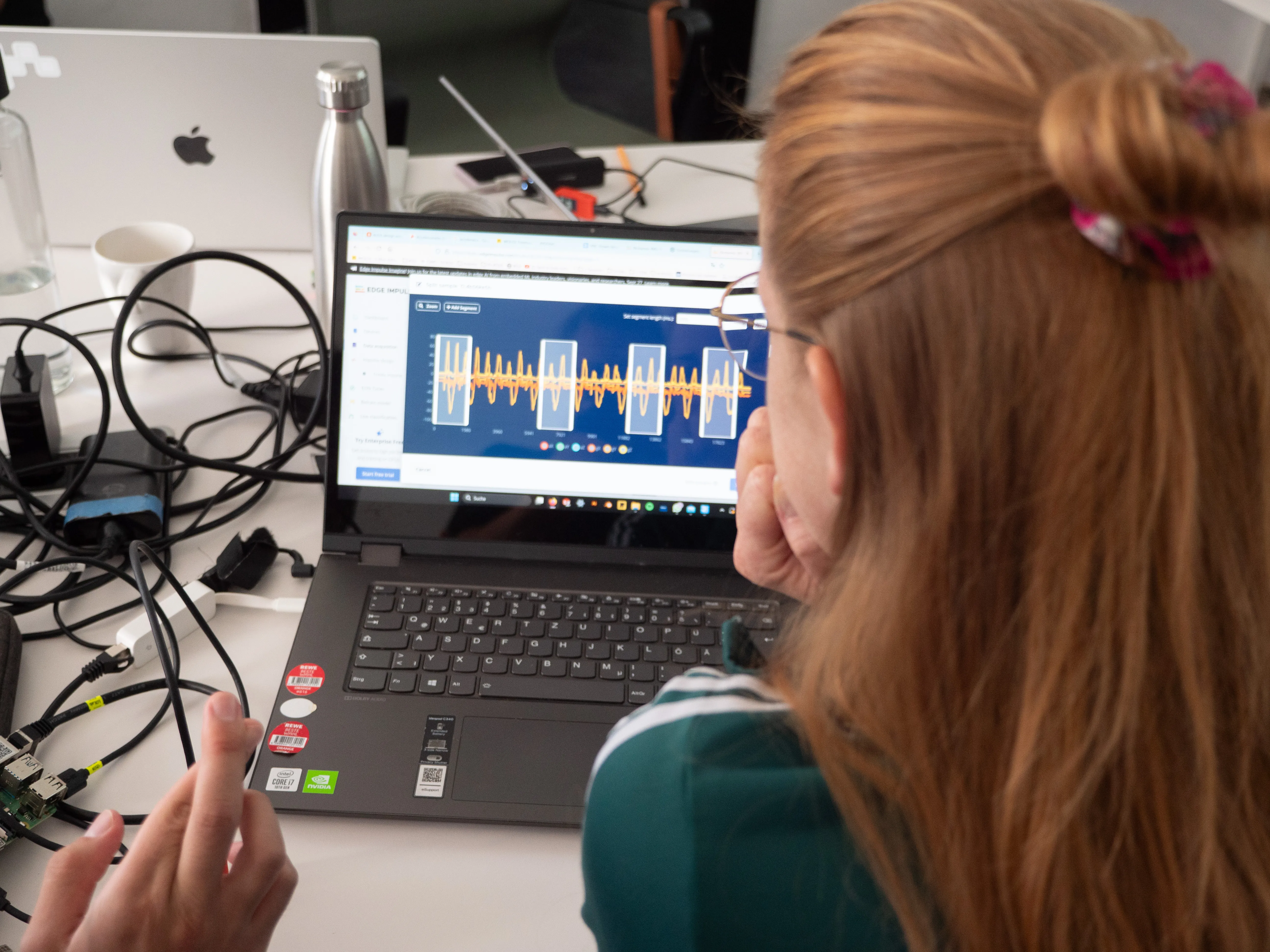 Technical setting of the workshop: ready-made sensing and acting modules and the online platform used for machine learning