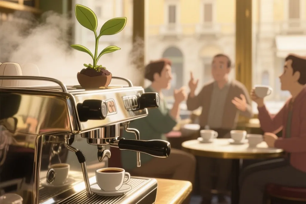An AI-generated image in a Ghibli-inspired animation style, showing a small green plant in a pot sitting on top of a professional espresso machine in a sunlit Italian café. In the background, blurred figures sit at tables with coffee cups, engaged in conversation
