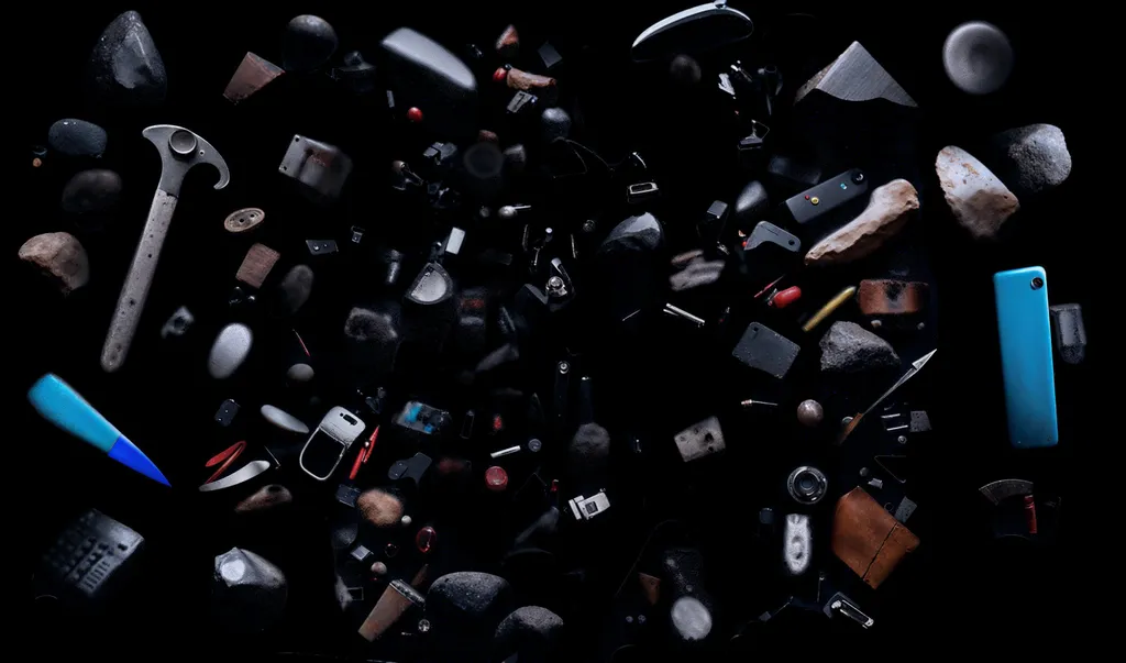 A field of tools, rocks and debris floating in the dark space.