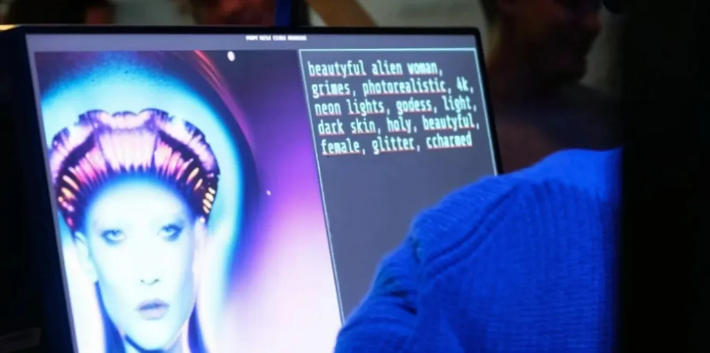 The image shows a computer screen displaying a picture of a stylized, photorealistic alien woman with dark skin and a glittery appearance, surrounded by neon lights, and text describing the image content. A person in a blue sweater is partially visible, looking at the screen.