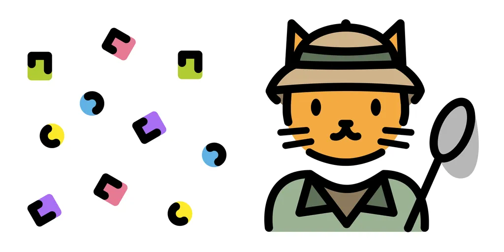 The image depicts a stylized, cartoonish depiction of a cat with human features, wearing a detective hat and holding a magnifying glass. There are colorful, puzzle-like pieces floating around in the background.